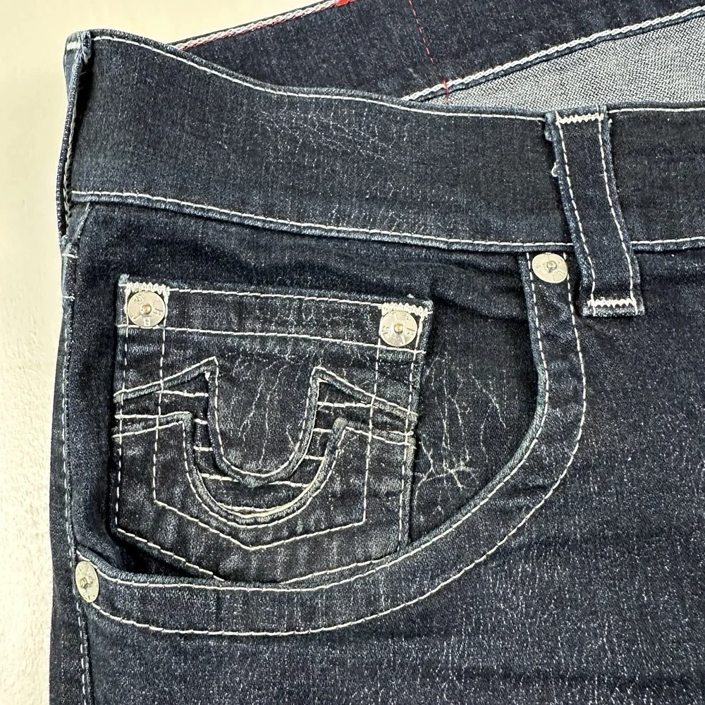 EUC True‎ Religion Men's Tag 38 Dark Blue Moto Stretch Jeans 42x34 Thick Stitch